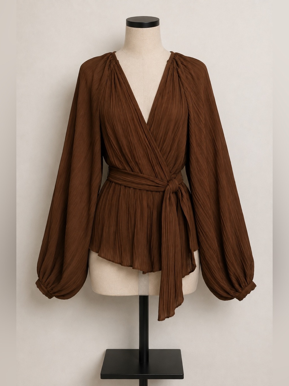 H&M Plisse Top Shirt Size Small Brown Long Sleeve Belted Ribbed Blouse
